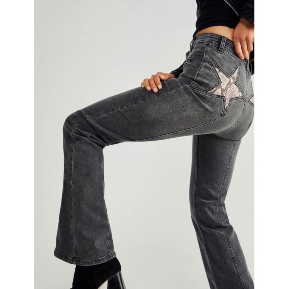 Free People Firecracker Flare Jeans 29 Black Snakeskin Star Patch We The Free